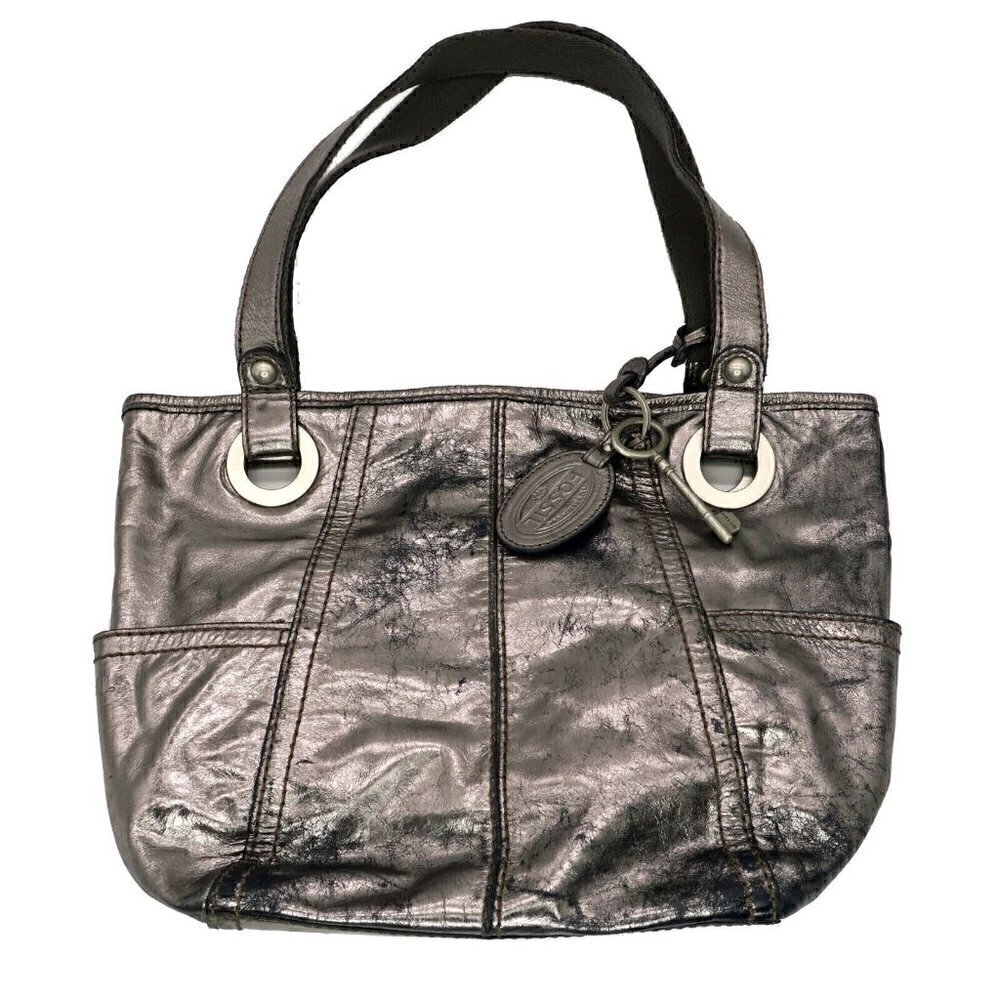 FOSSIL Long Live Vintage Silver Metallic Distressed Leather Hathaway Tote Bag